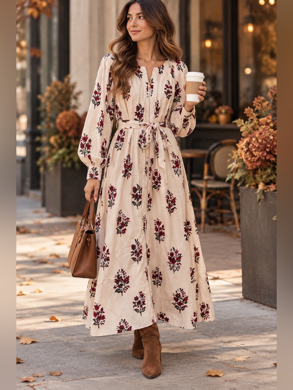 entro Cream Floral Tie-Waist Jumpsuit with Burgundy Print